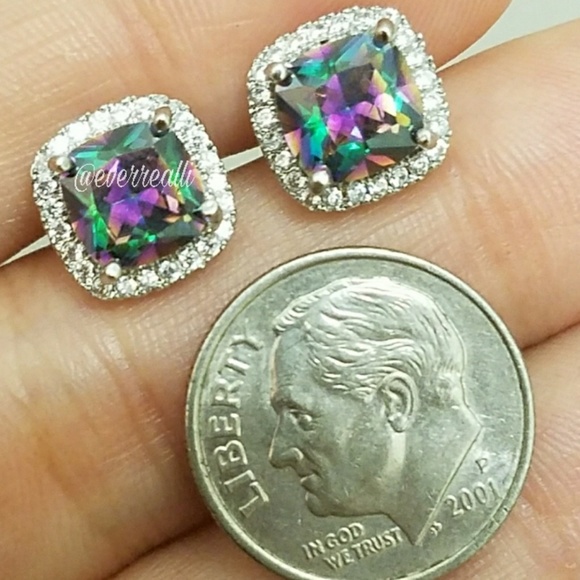 Rainbow Mystic Topaz Diamond Halo Stud Earrings - Picture 7 of 7